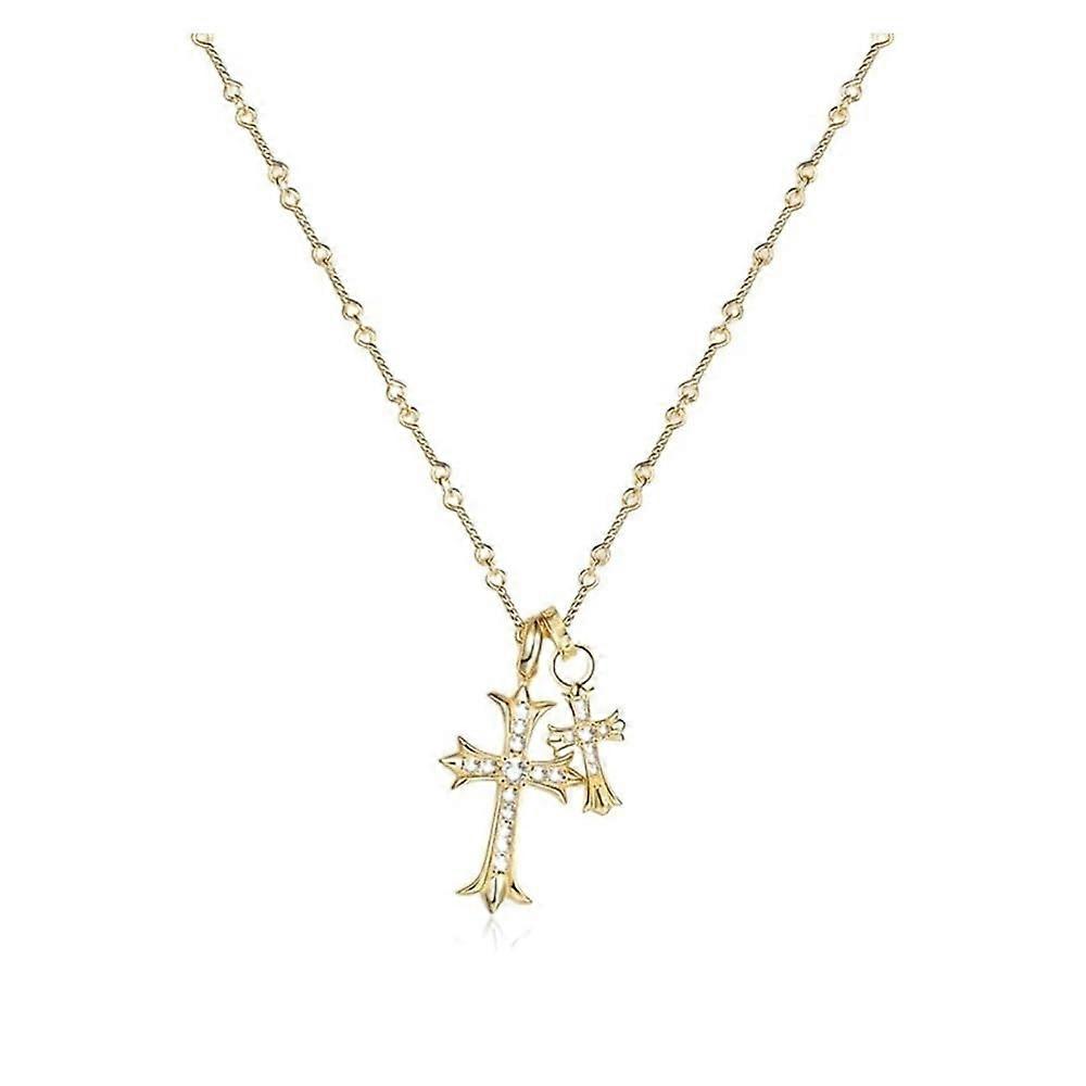 Cross Necklace, Double-Layer Sterling Silver Cross Pendant on Long Gold-Tone Pullover Chain, Women's Two-Tone Necklace