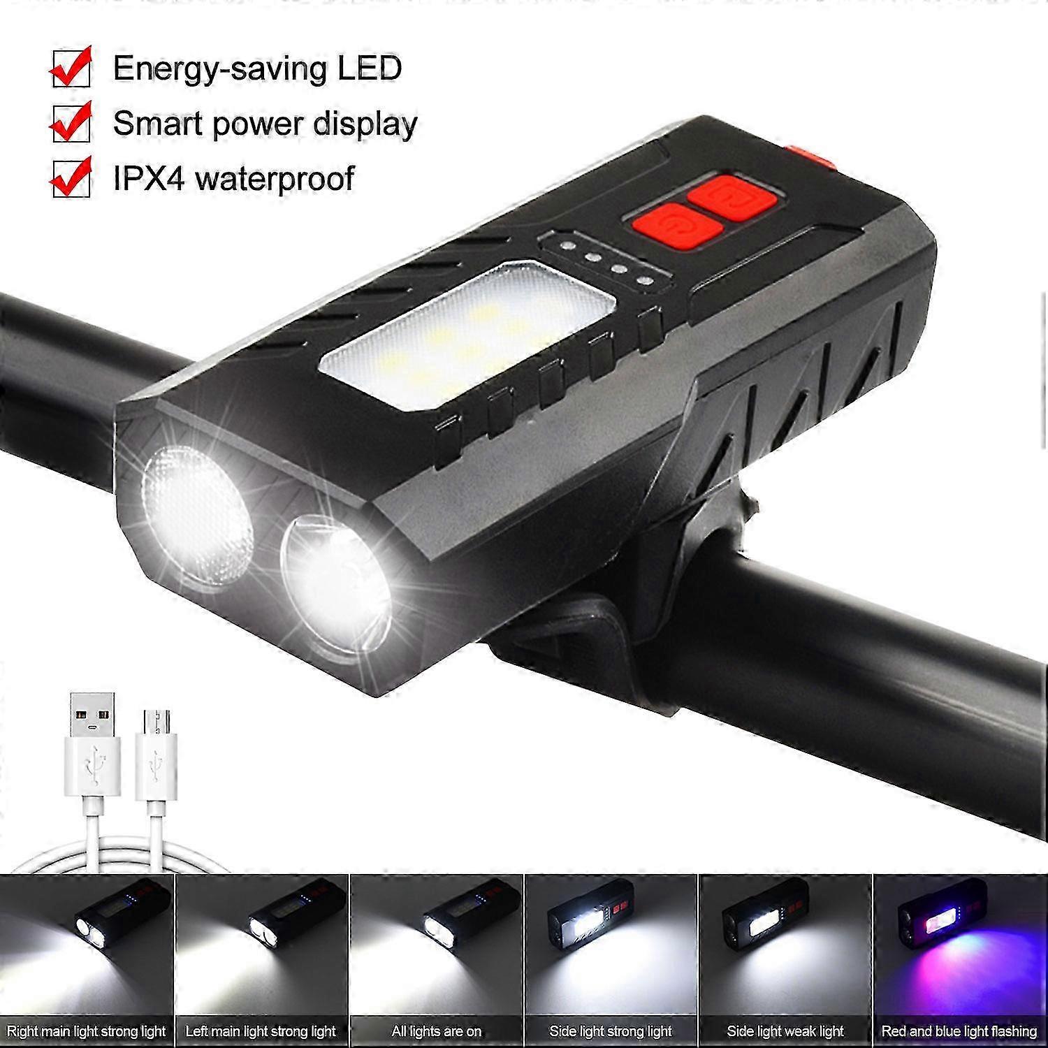USB Front Bike Light with Built-in 4000 mAh Battery, 6 Light Modes and Flashing Side Lights