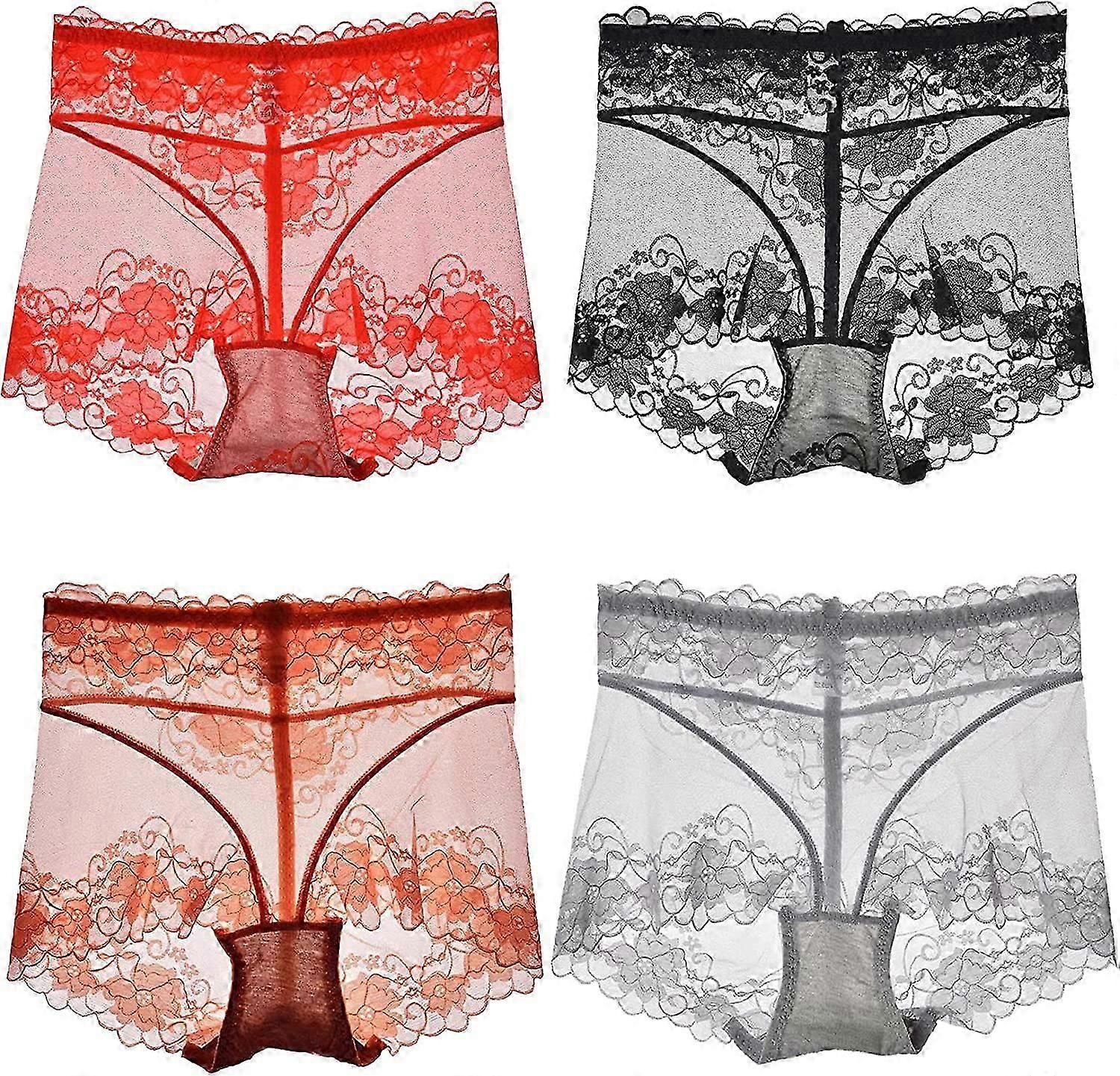 4 قطع شبكة انظر من خلال البطن دس الوركين رفع سراويل داخلية ، سراويل دانتيل مثير للنساء عالية المخصر بالإضافة إلى حجم السيدات موجز