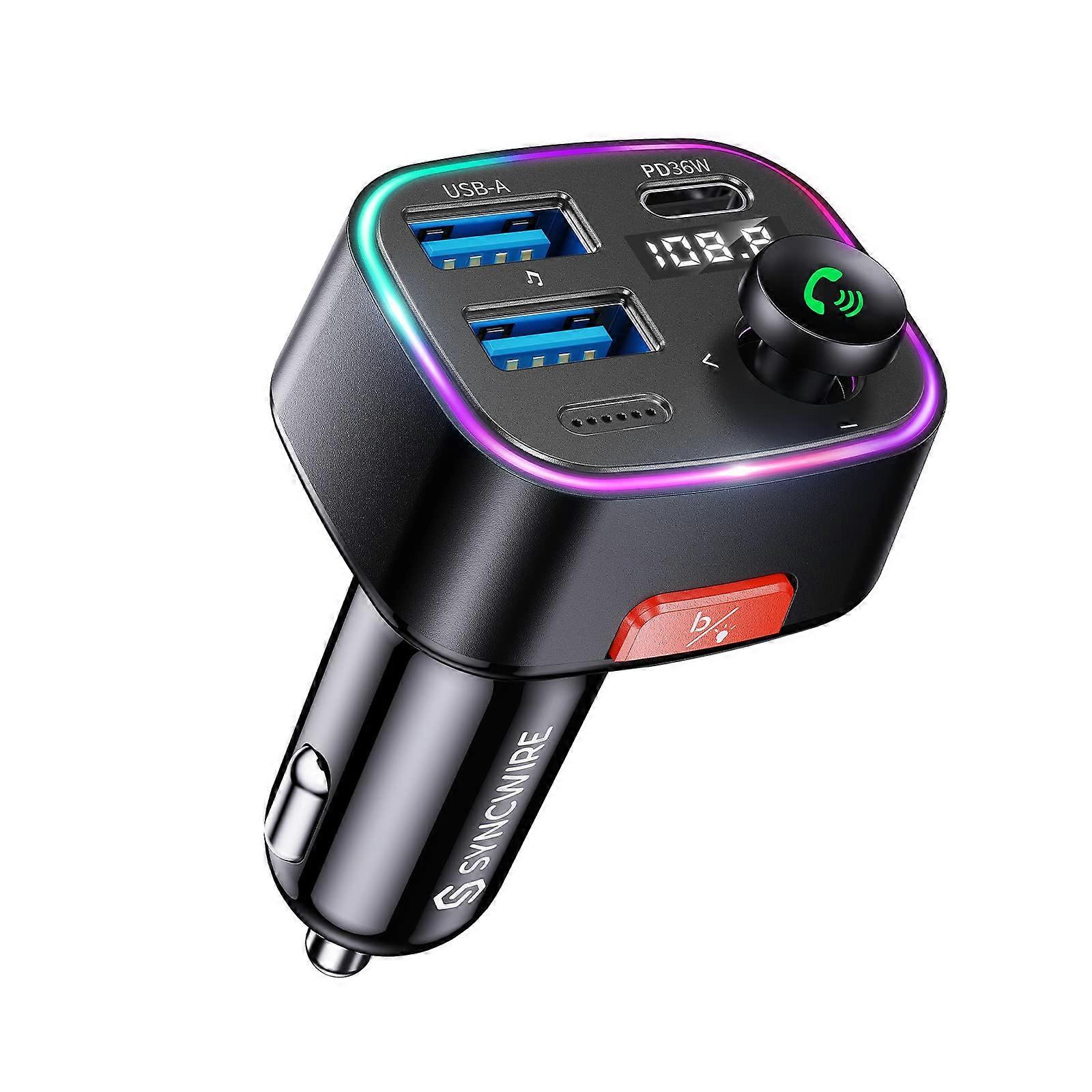 Bluetooth 5.3 FM Transmitter Car Charger 48W, Dual USB, Wireless Radio, LED Display 64GB USB Drive, Black