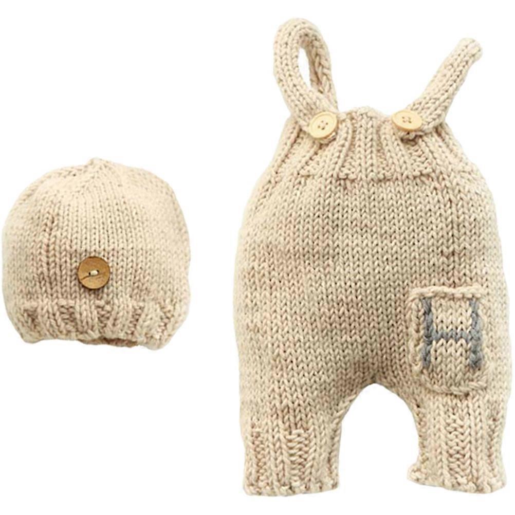 Cute Newborn Photoshoot Outfits Knitted Hat and Suspender Design Beige Color Suitable for 0-3 Months Babies 1Set