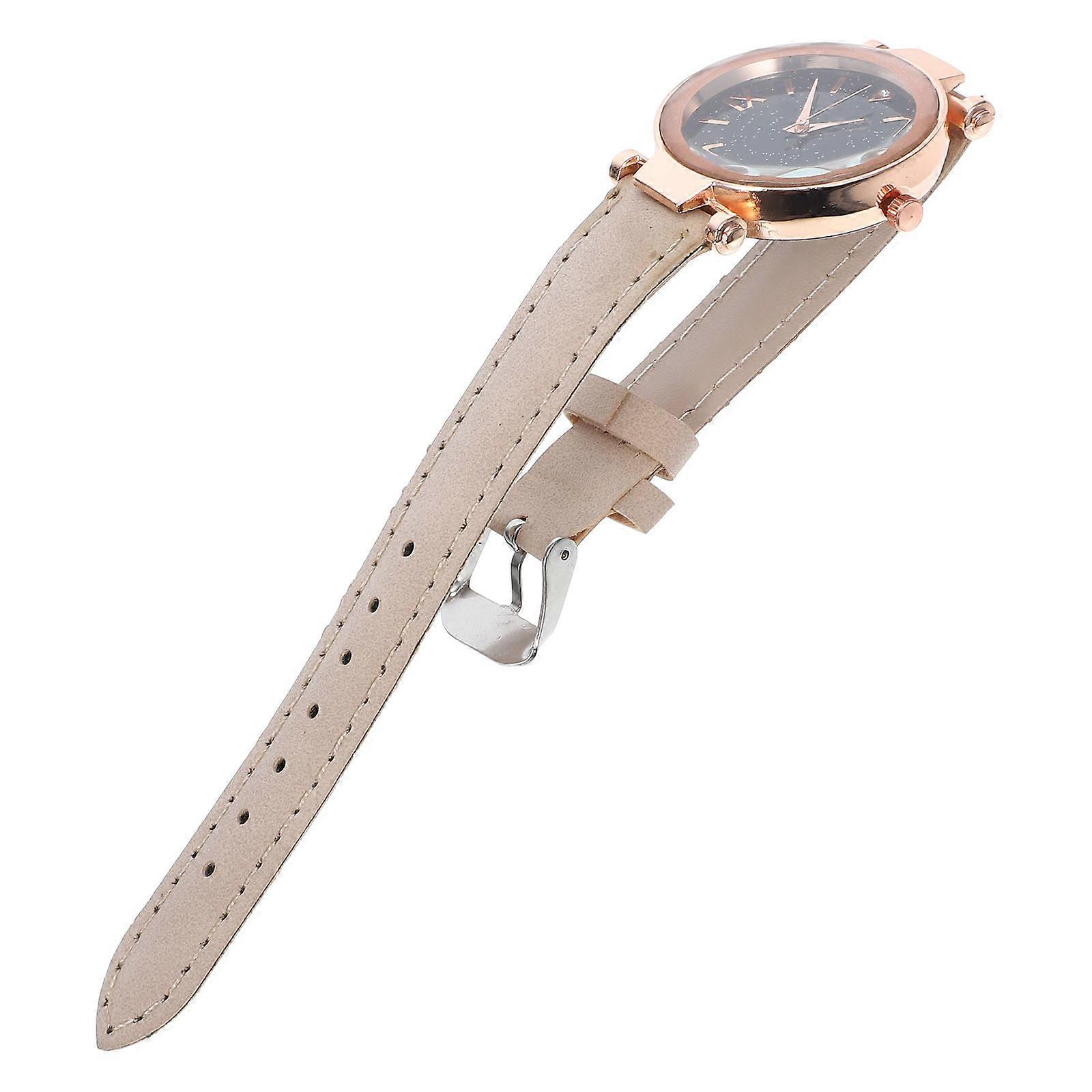 Compact Female Watch Portable Quartz Movement Night Glow Dial Beige Round Simple Style for Daily Use 1Set