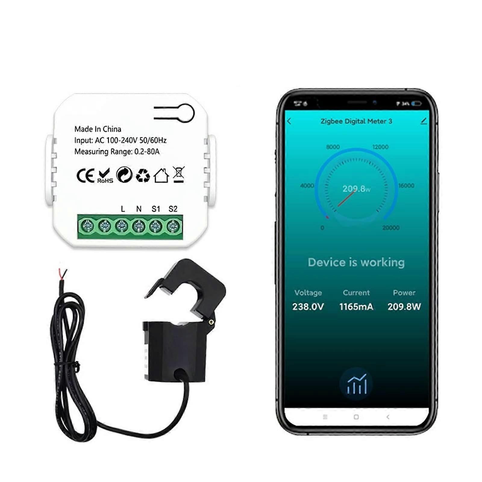 Tuya ZigBee Energy Meter 80A with Current Transformer Terminal KWh Power Monitor Electricity Statistics 50/60Hz Energy Monitor