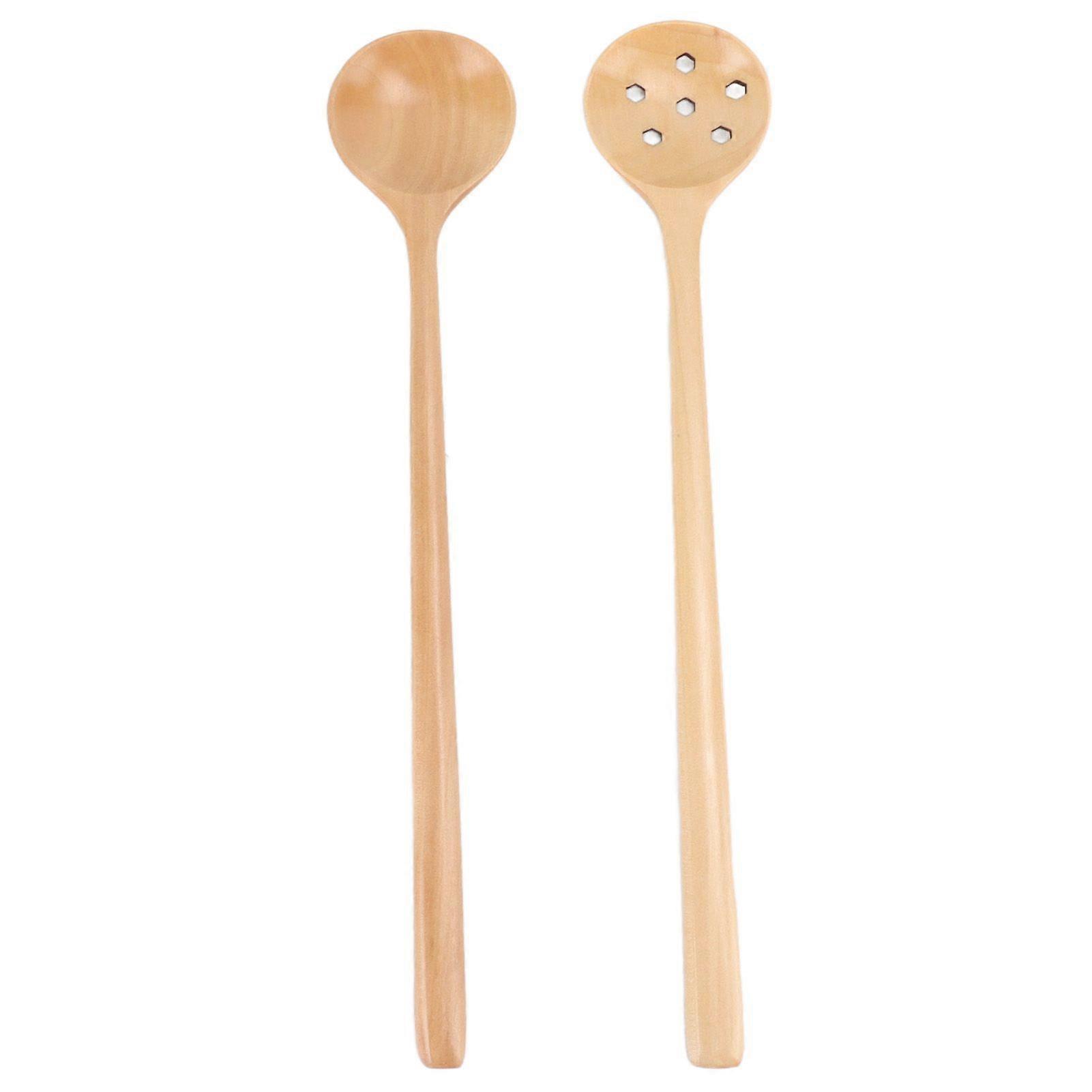 2 Japanese Style Wooden Spoons, Small, Thin, Long Handle, Round Mouth, Beech Wood, for Stirring and Serving
