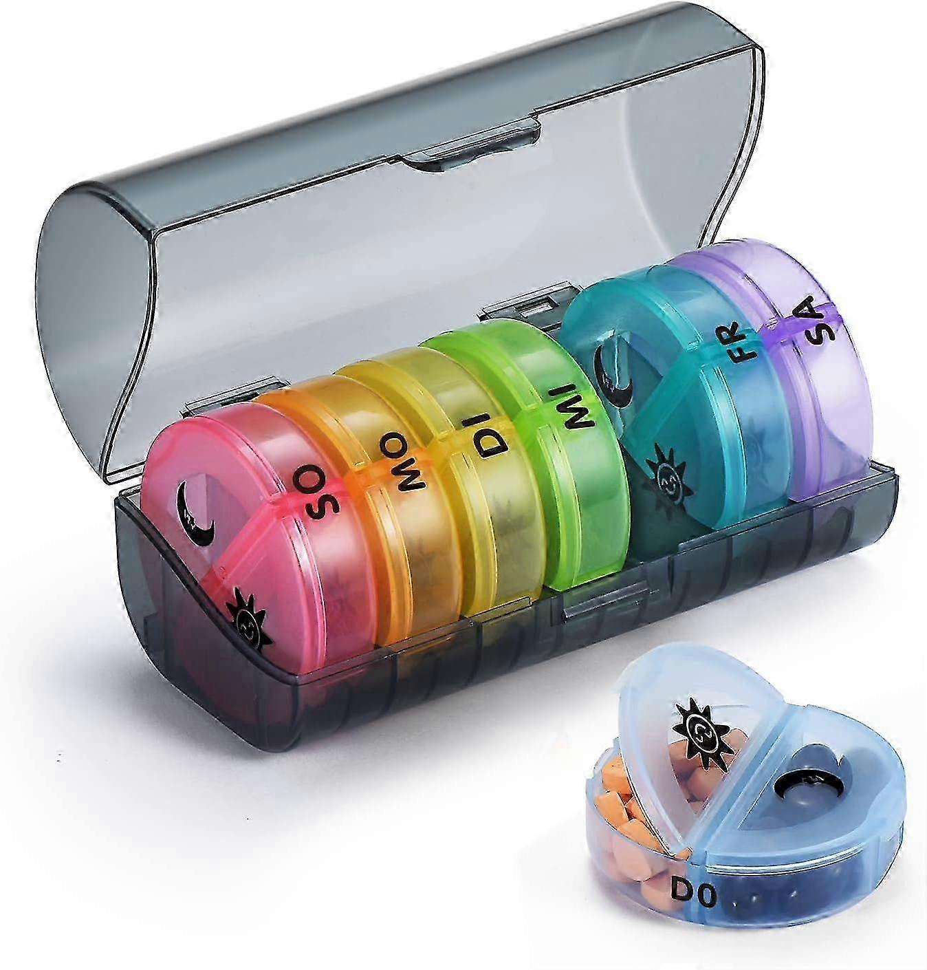 7-day pill box with 2 compartments. Morning and night round pill box for 7 days.