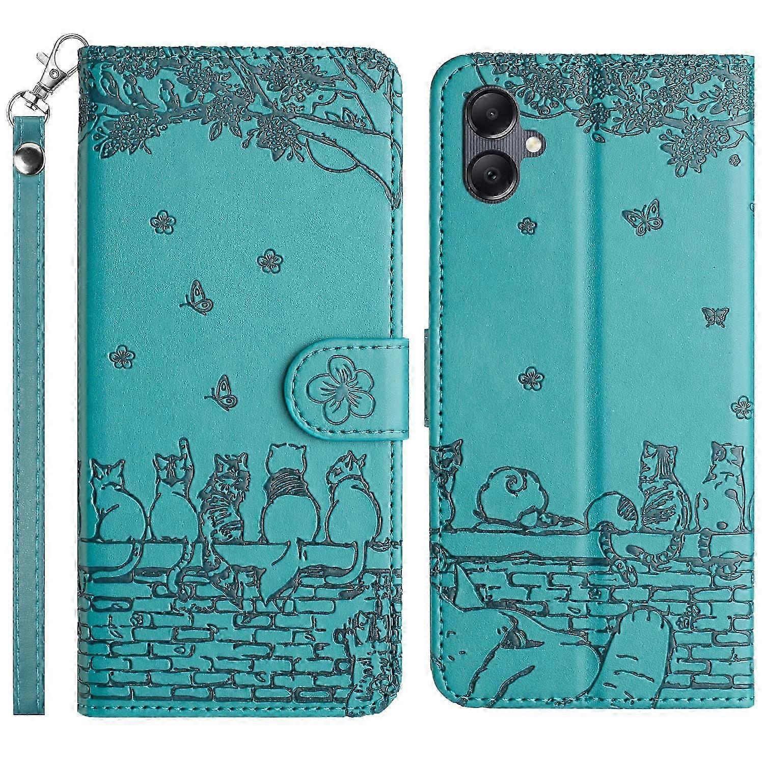 Cat Embossing Pattern Leather Phone Case with Lanyard 2025
