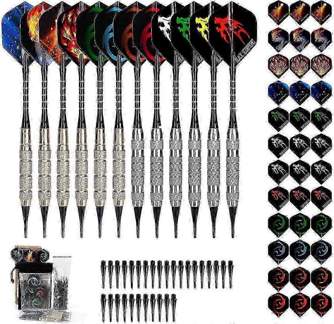 Plastspiss Dart, 18G Soft Tip Dart Set for elektronisk dartbrett, 12 dart med 36 flyreiser og 100 tips, 20 gummi O-ringer