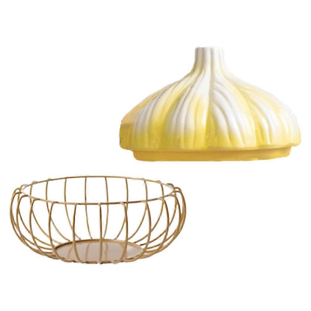 Garlic Pot Household Garlic Container Kitchen Use Yellow Iron Ceramic Multi-Function Holder 1Pcs
