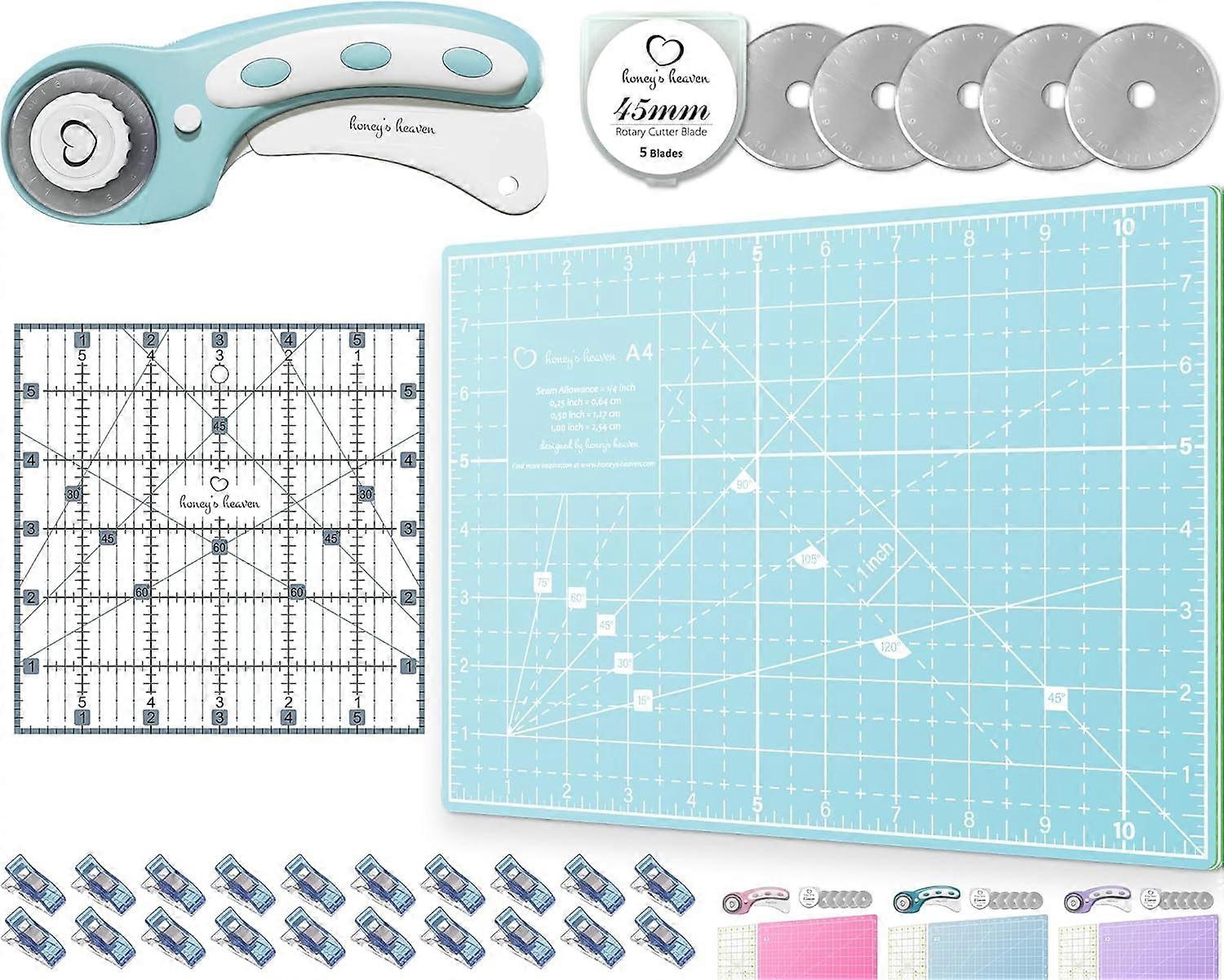 Roterende kuttersett - 45 mm stoffkutter, 5 blader, A4-matte, linjal, klips - kompatibel med quilting, sying, lappearbeid, hekling (turkis)