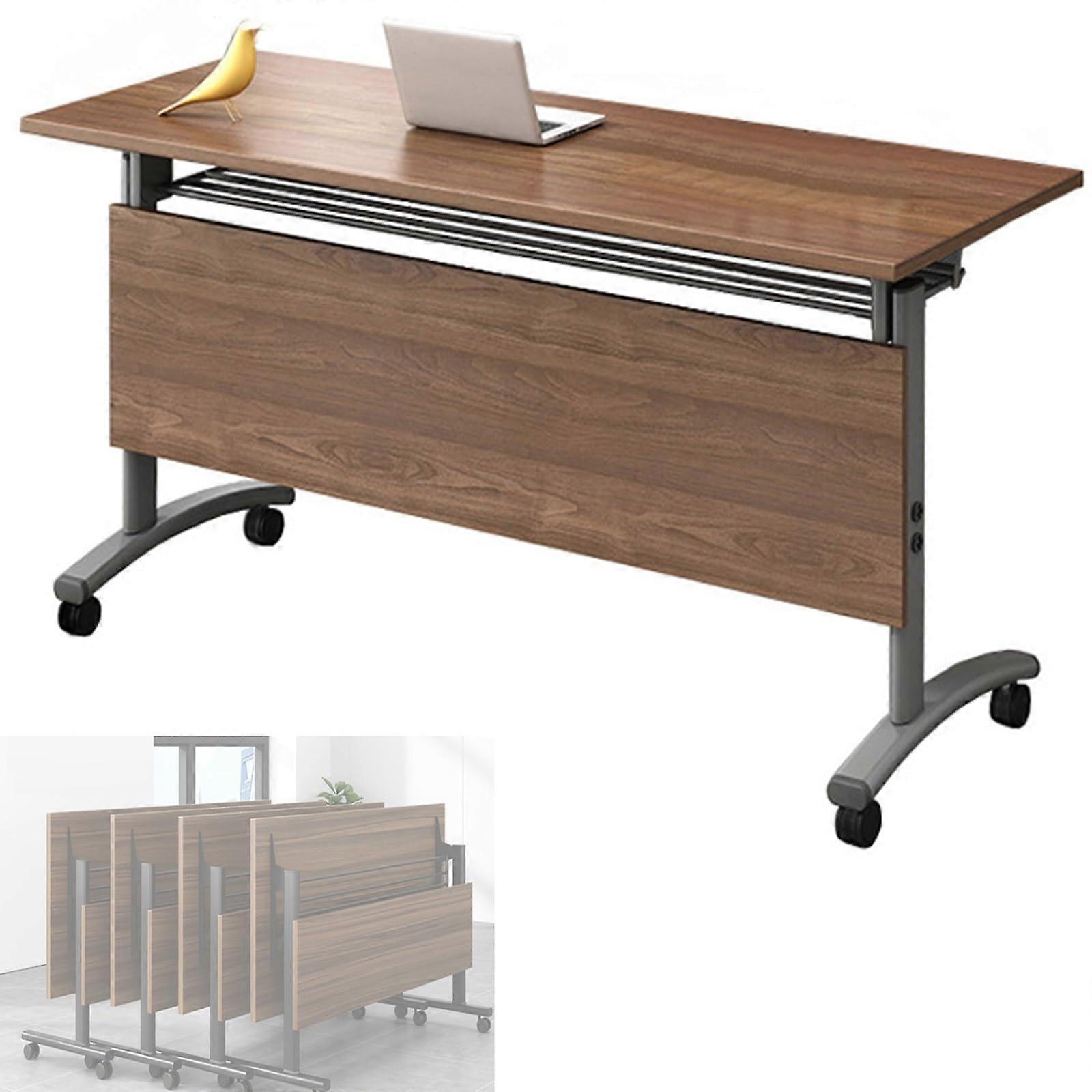 Flip Mobile Meeting Training Table With Wheels Folding Conference Table Heavy Duty Metal Frame Brown 140x40x75cm