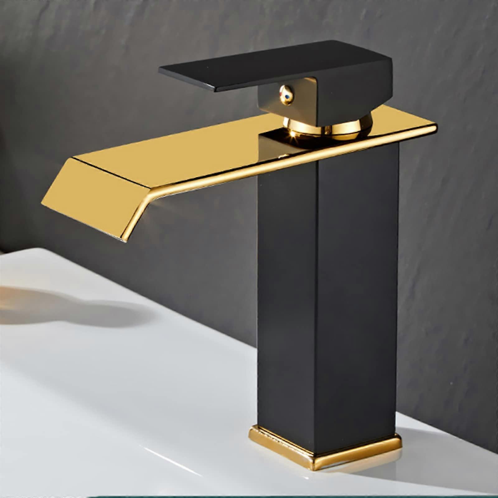 Waterfall Basin Faucet Waterfall Spout Stainless Steel Single Handle Single Hole Basin Mixer Black Gold