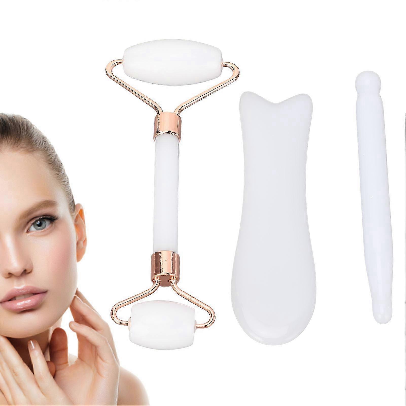 Jadestone Double Head Facial Roller & Gua Sha Scraping Set White 2025