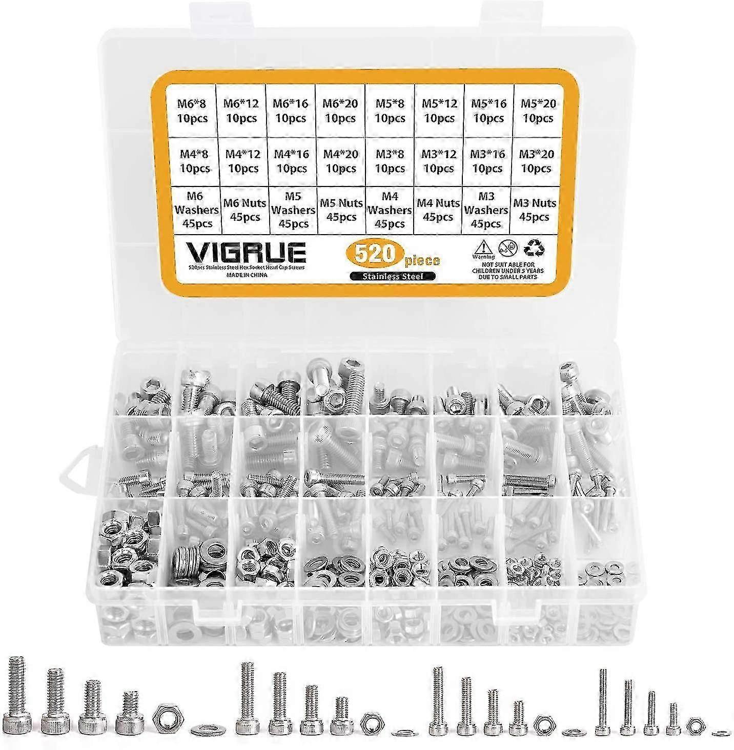Kit 520pcs M3 M4 M5 M6 Stainless Steel Hexagon Hex Button Socket Head Cable Bolts Screws With Nuts Assortment 2025