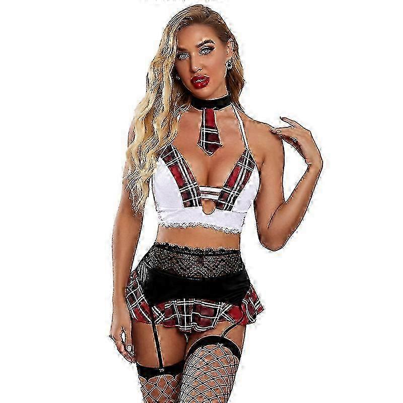 Elegant Plaid Student Fashion with Tempting Hanging Neck Game Uniforms and Erotic Suits