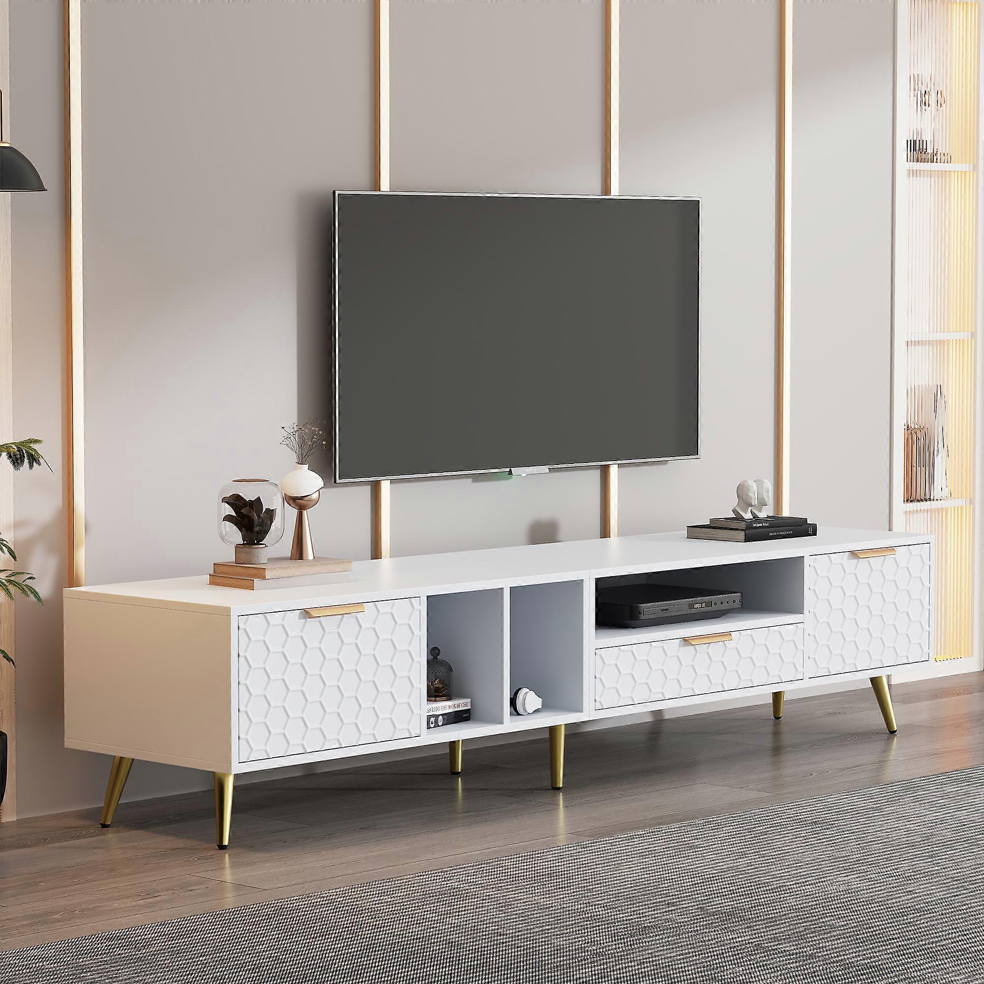 White Modern Luxury Vertical TV Stand 180cm Matte Honeycomb Design 80 Inch