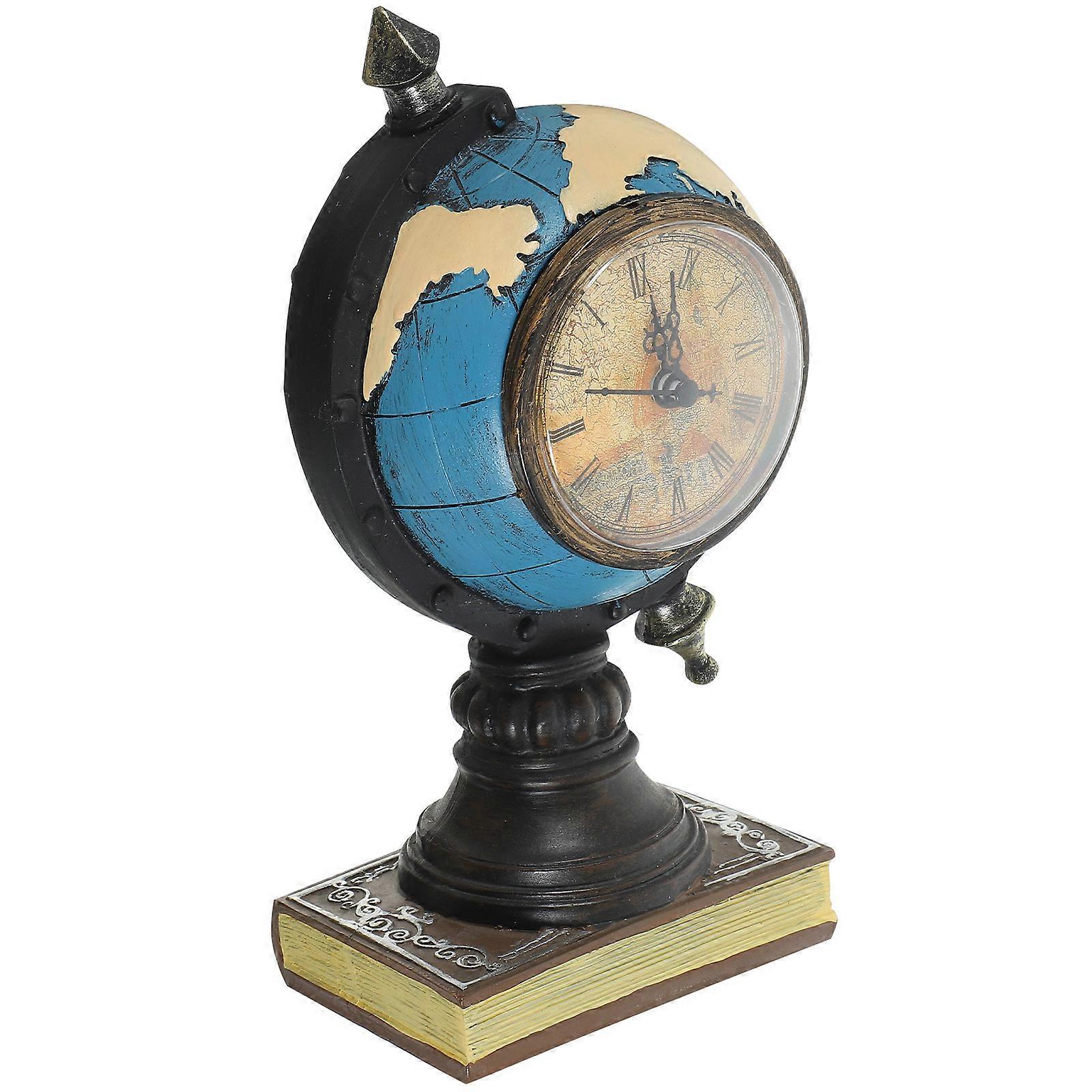 European Style Retro Globe Shaped Clock Ornament 2Pcs Ideal For Study Room Decoration Blue Resin Featuring Timekeeping Capability