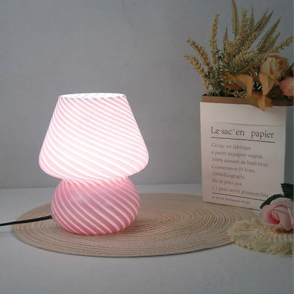 Mushroom Lamp Bedside Table Lamp With Striped Glass Cordless Dimmable Pink Night Light