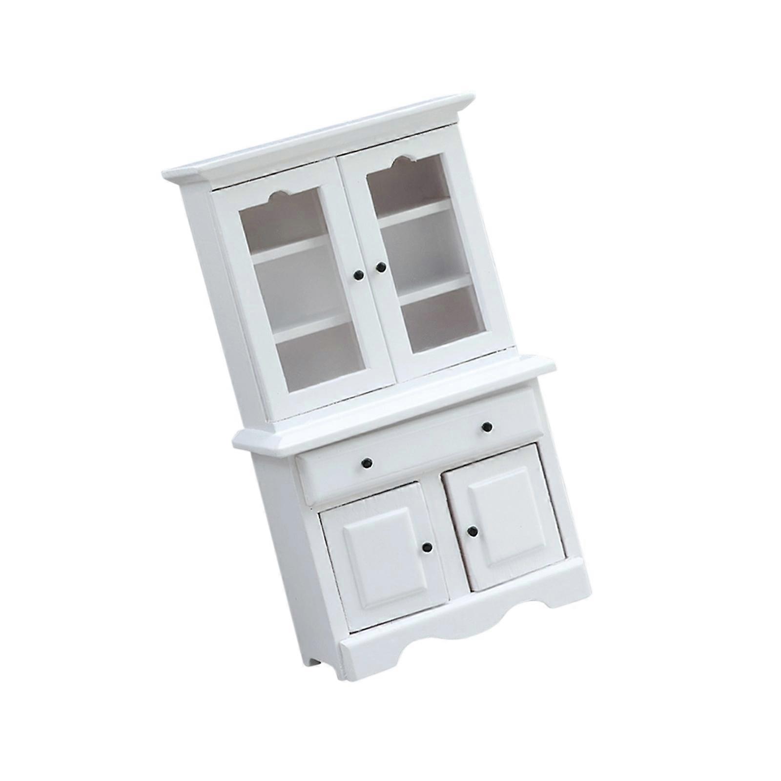 Miniature Wood Display Cabinet For 1/12 Doll House Decoration with Functional Storage Space Drawer Craft Project Props  White