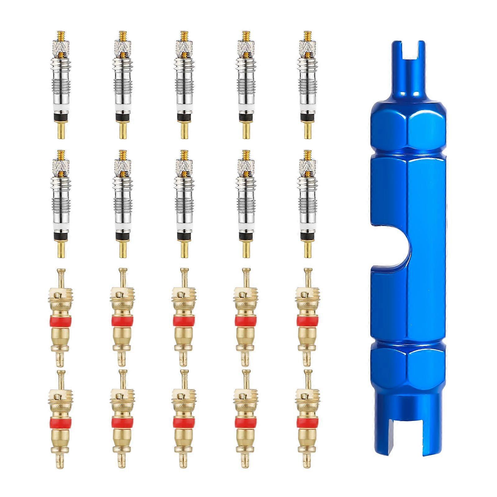 20pcs Bike Valve Core Replacement Kit for Presta and Schrader, Brass Tubeless Set with Removal Tool