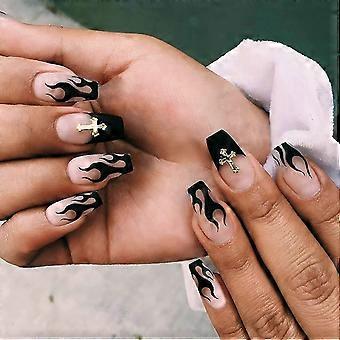 Uñas postizas a presión, 24 uñas cortas estilo bailarina con diseño de llamas, kit de manicura, pegamento incluido, color negro, tallas 25-26