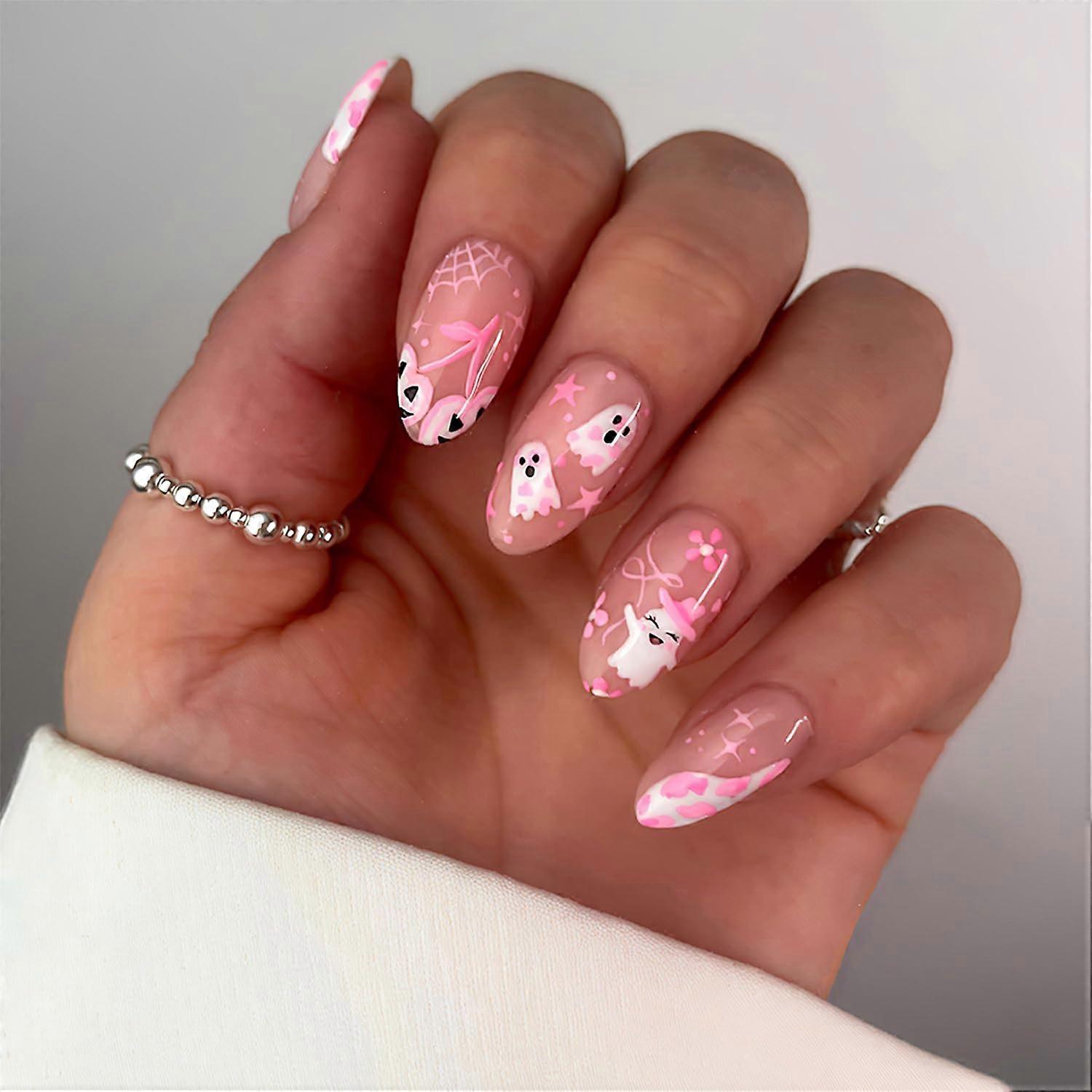 Halloween Press On Nails Medium Almond Shape Ghost Pumpkin Spider Web Design Reusable Set with Glue 24pcs