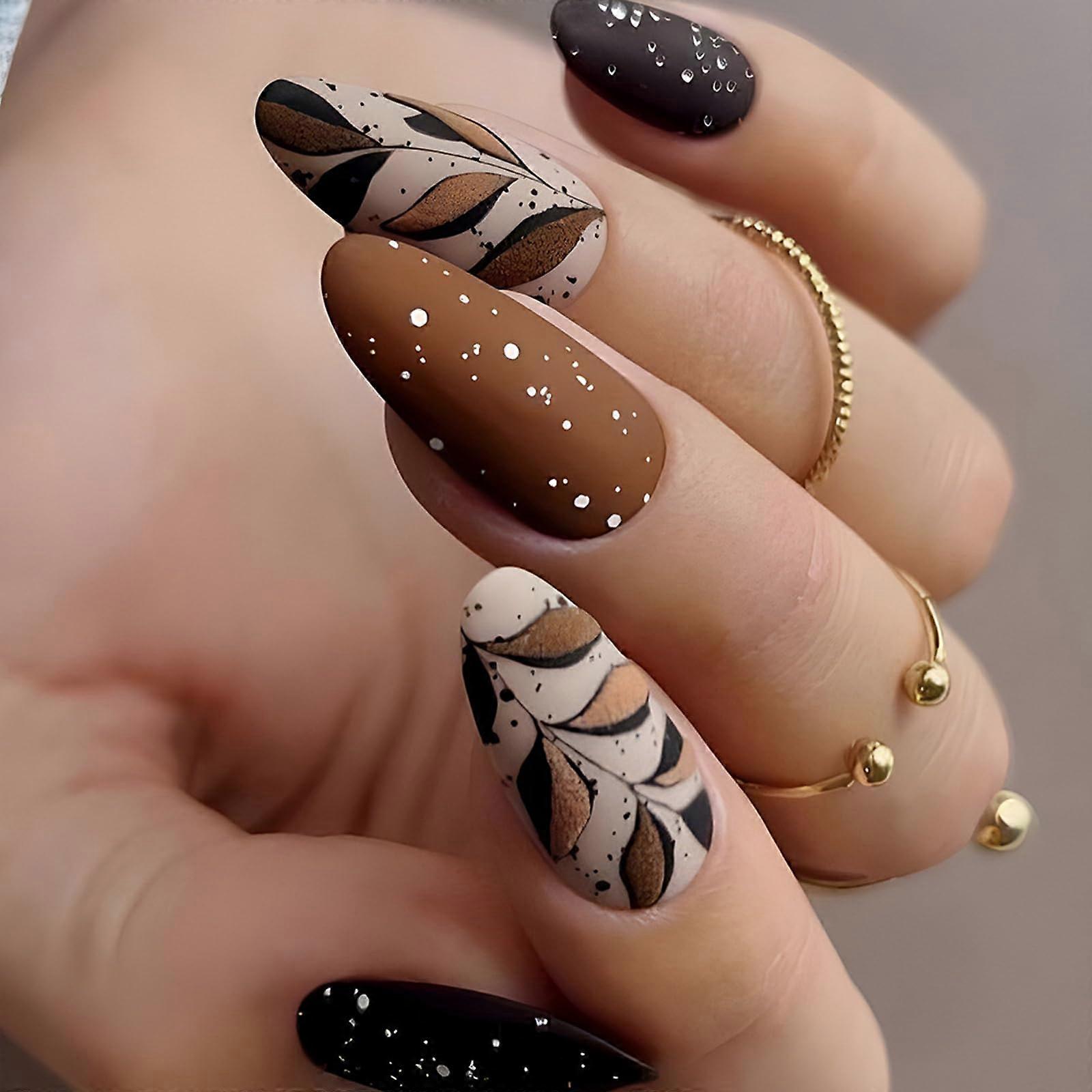 Matte Brown Black Press On Nails Medium Almond Shape with Leaf Design Fall Full Cover Glue On Kit