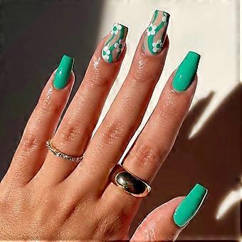 Spring Floral Press On Nails Green Square Fake Nails Set Medium Length Acrylic False Nails 24PCS