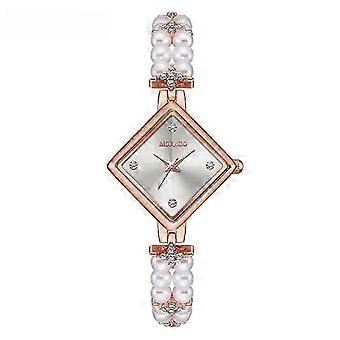 MOKAGO Damen-Armbanduhr aus Roségold mit quadratischem Zifferblatt und Perlen - Elegante Kristallakzente, stilvolles Design für modebewusste Damen.