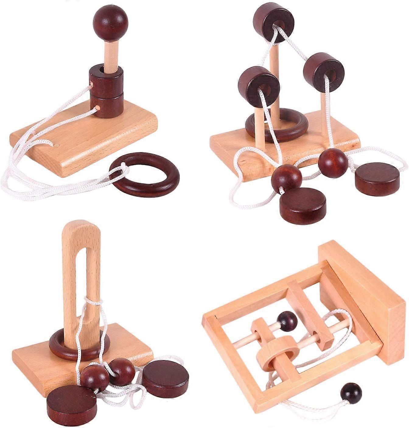 4PCS Classic Wooden Rope Puzzle Set Ring Puzzles String Solution Brain Teaser