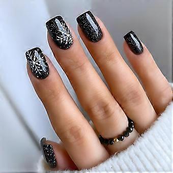 24 Pcs Black Glossy Christmas Press On Nails Set Snowflake Design Medium Square Holiday Fake Nail Tips