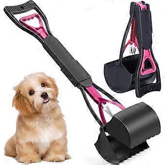 Dog poop scoop, 60 cm long, with a long, sturdy handle and serrated clips, foldable, for picking up dog and cat poop (pink).
