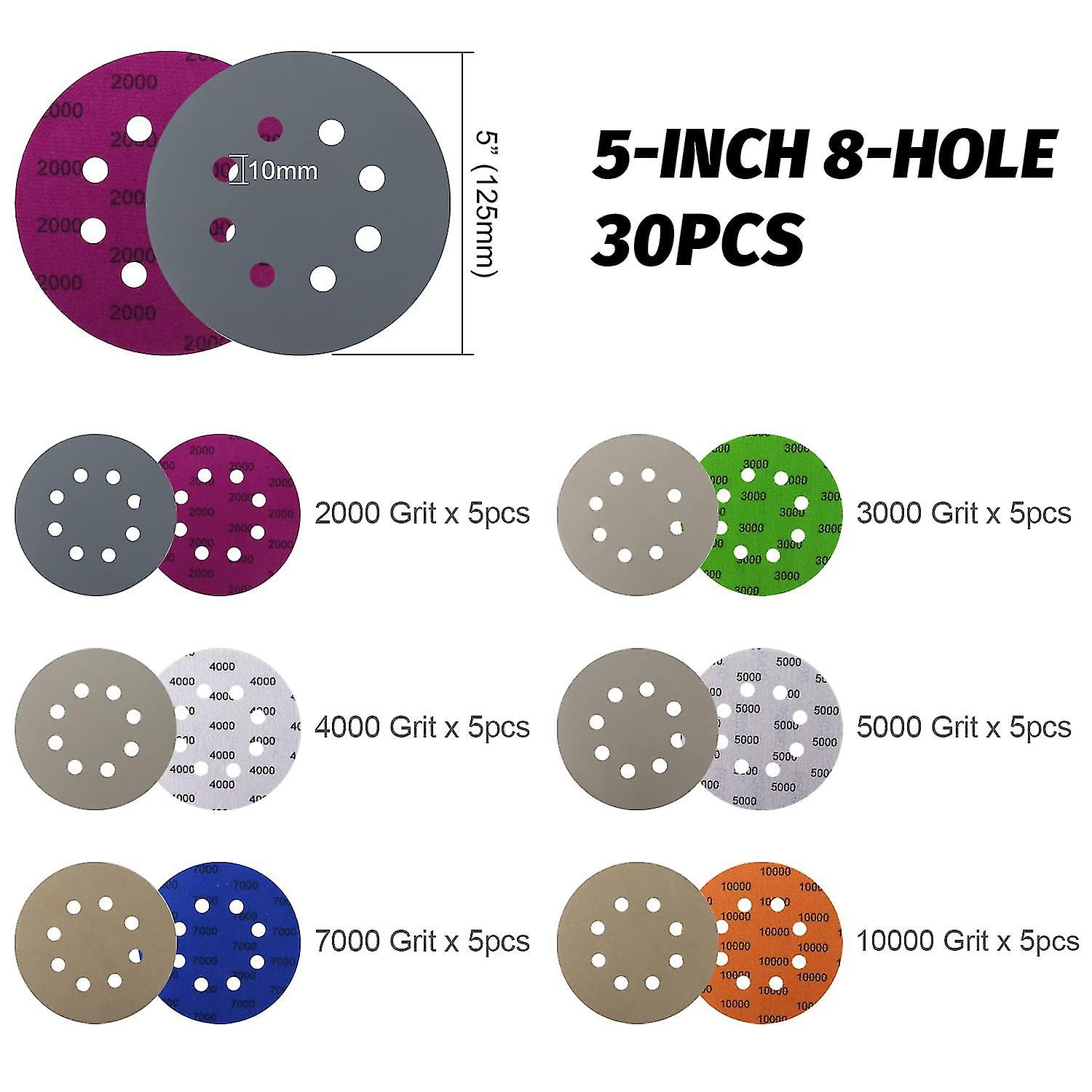 5 Inch Sanding Disc Hook And Loop 8 Hole Silicon Carbide Sandpaper With Pad For Wet/dry Sanding Gri