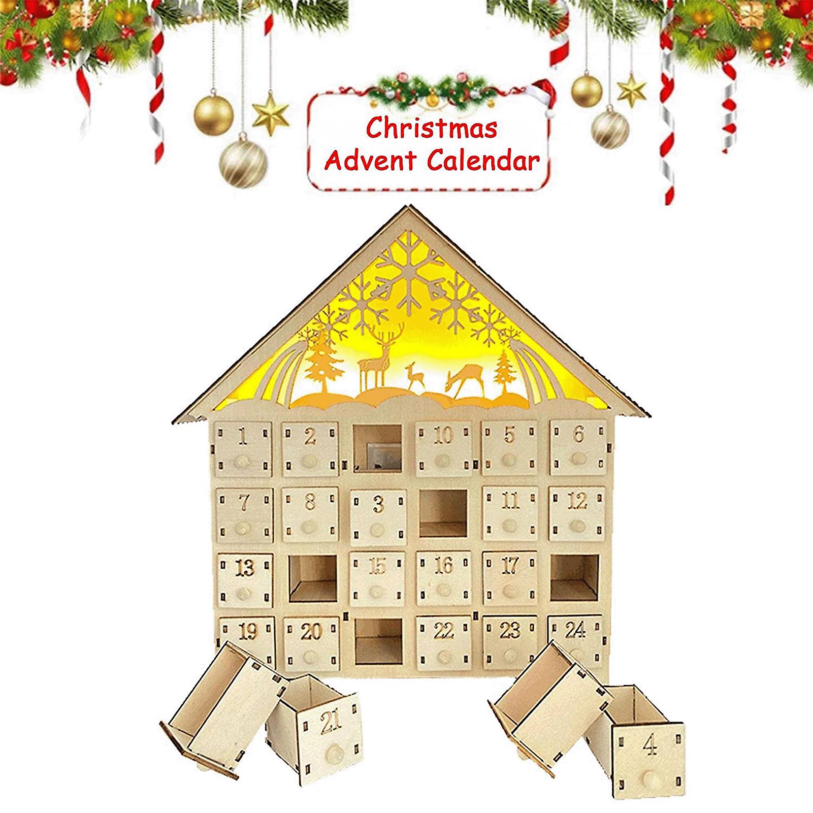 Christmas Countdown Wood Drawer Storage Boxes Warm Color Led Light Festival Atmosphere Creating