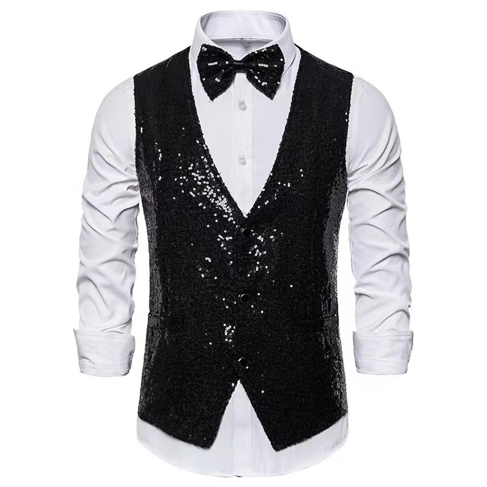 Men Waistcoat Stage Performance Compere Emcee Waistcoat Shiny Sequin Slim Fit V Neck Sleeveless Single-breasted Vest With Bow-knot