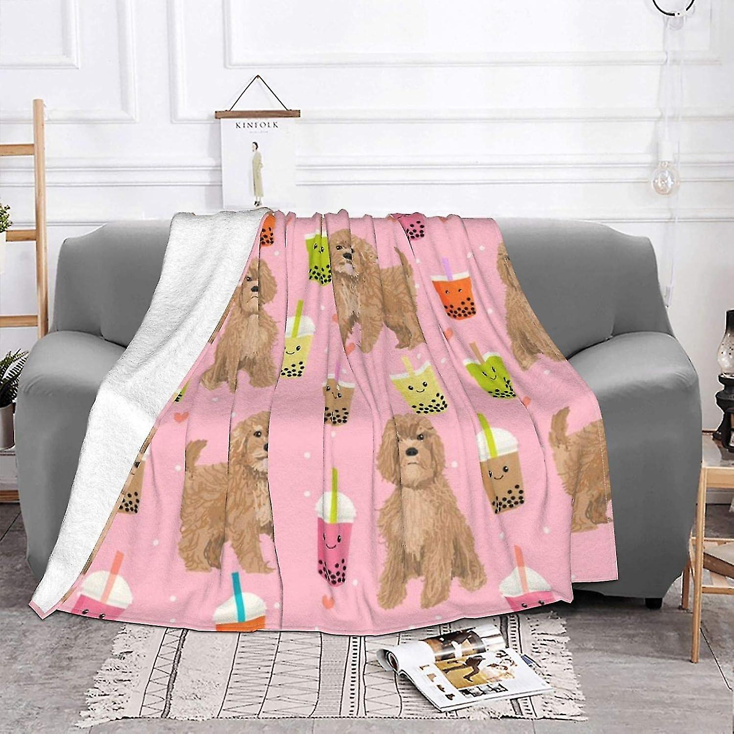 Blanket Cavoodle Bubble Tea Kawaii Cute Cavapoo Pattern Pink Warm