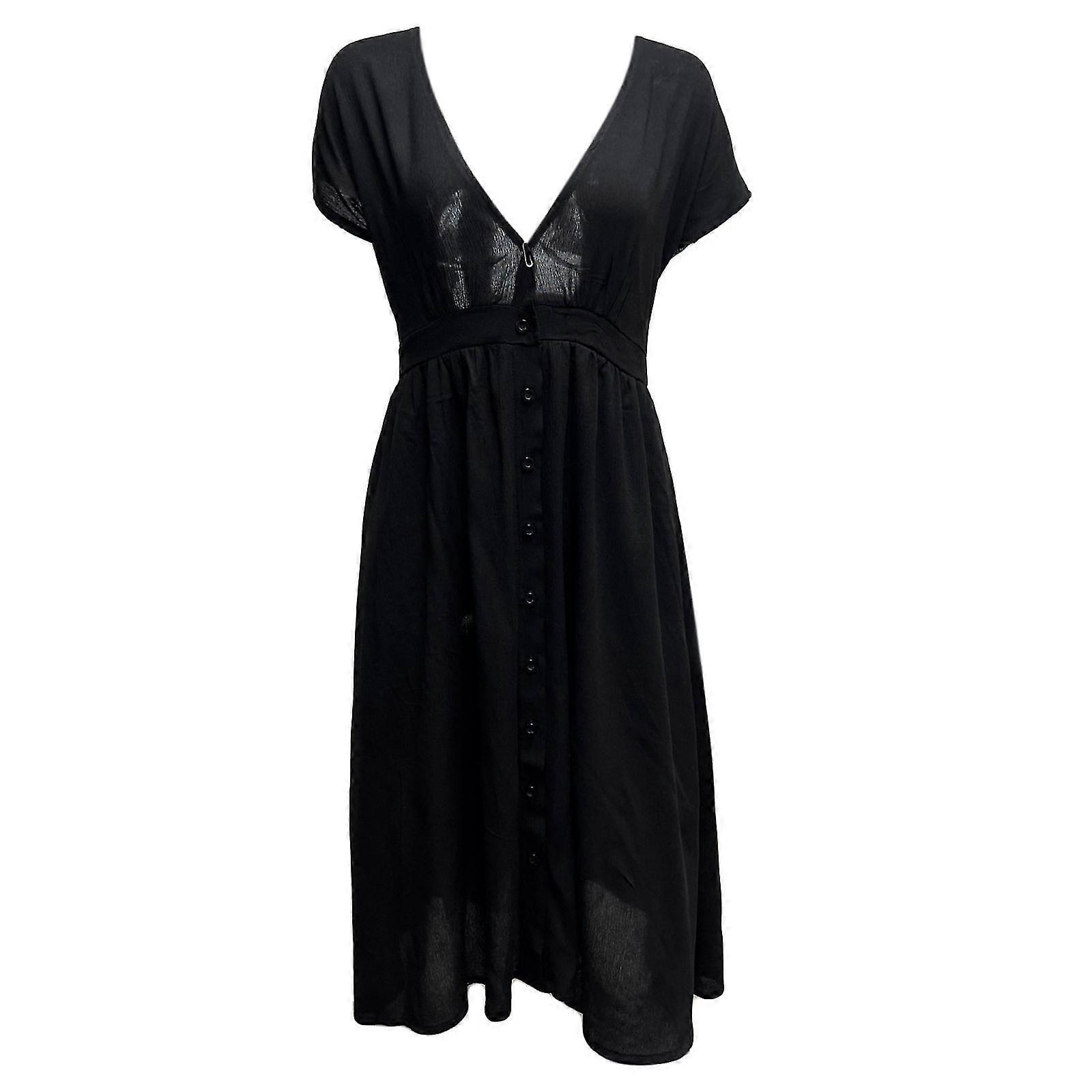 Women Summer Short Sleeve Sexy Deep V-neck Midi Long Flowy Dress Simple Solid Color Button Down A-line Flare Hem Double Layer Mesh Robe Sundress-Yvan