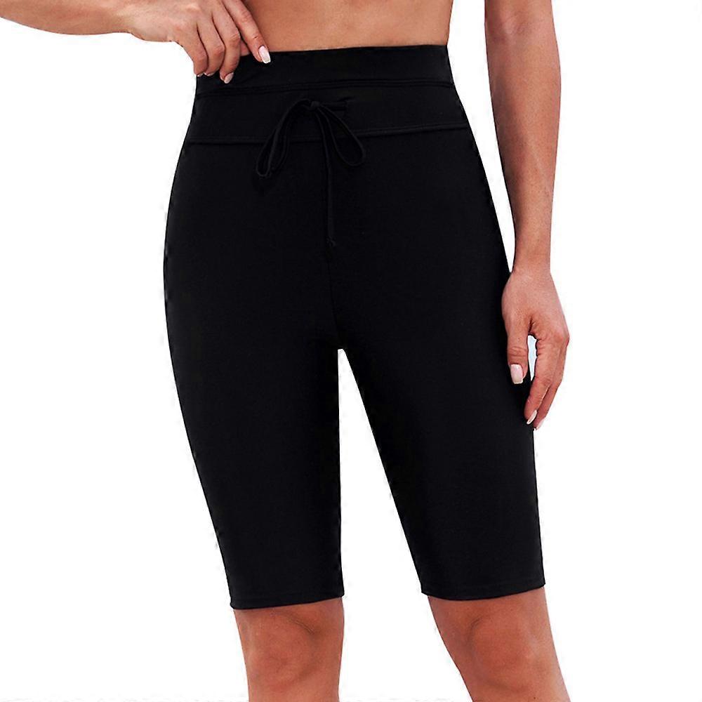 Women's Long Board Shorts High Waist Swim Bottom Solid Jammer Swim Shorts - Black