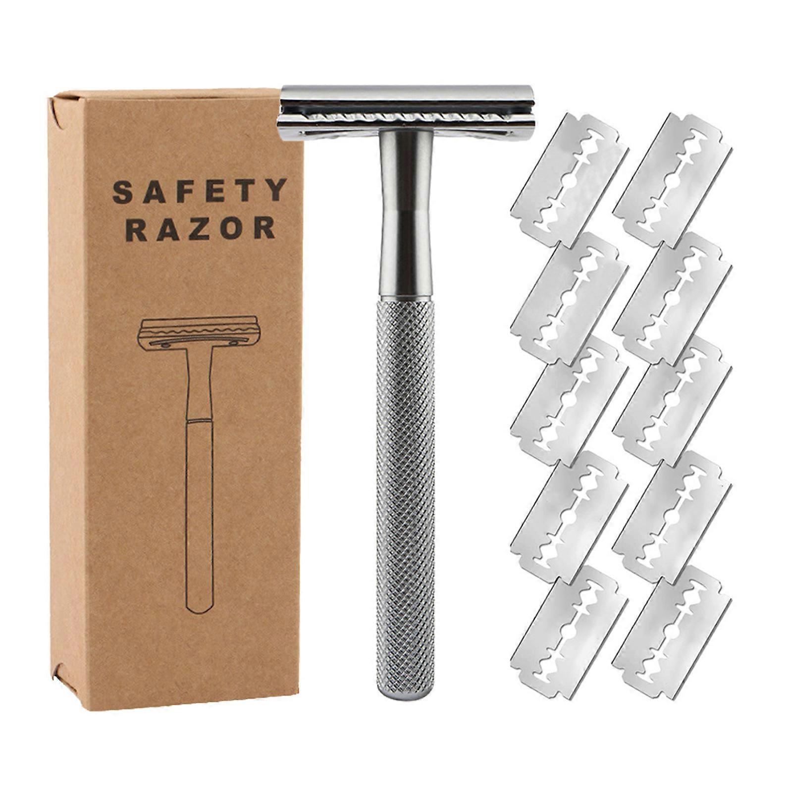 Safety Razors with 10 Double Edge Safety Razors Blades High-Precision Long Handle Shaving Device for Home Travel