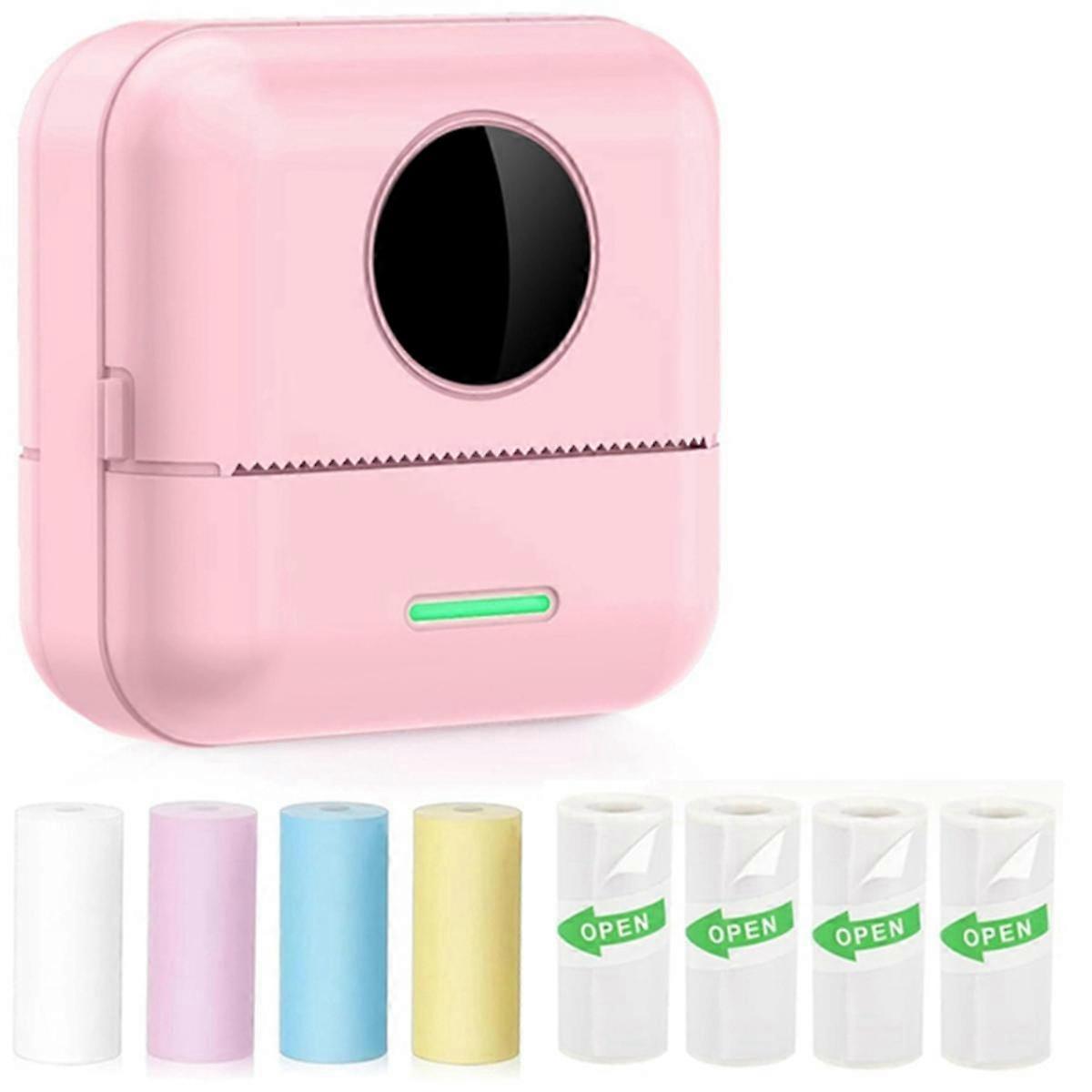 Mini Thermal Printer, Portable Inkless Sticker Maker Printer with 8 Rolls Continuous Paper, Pocket Photo Printer, Pink
