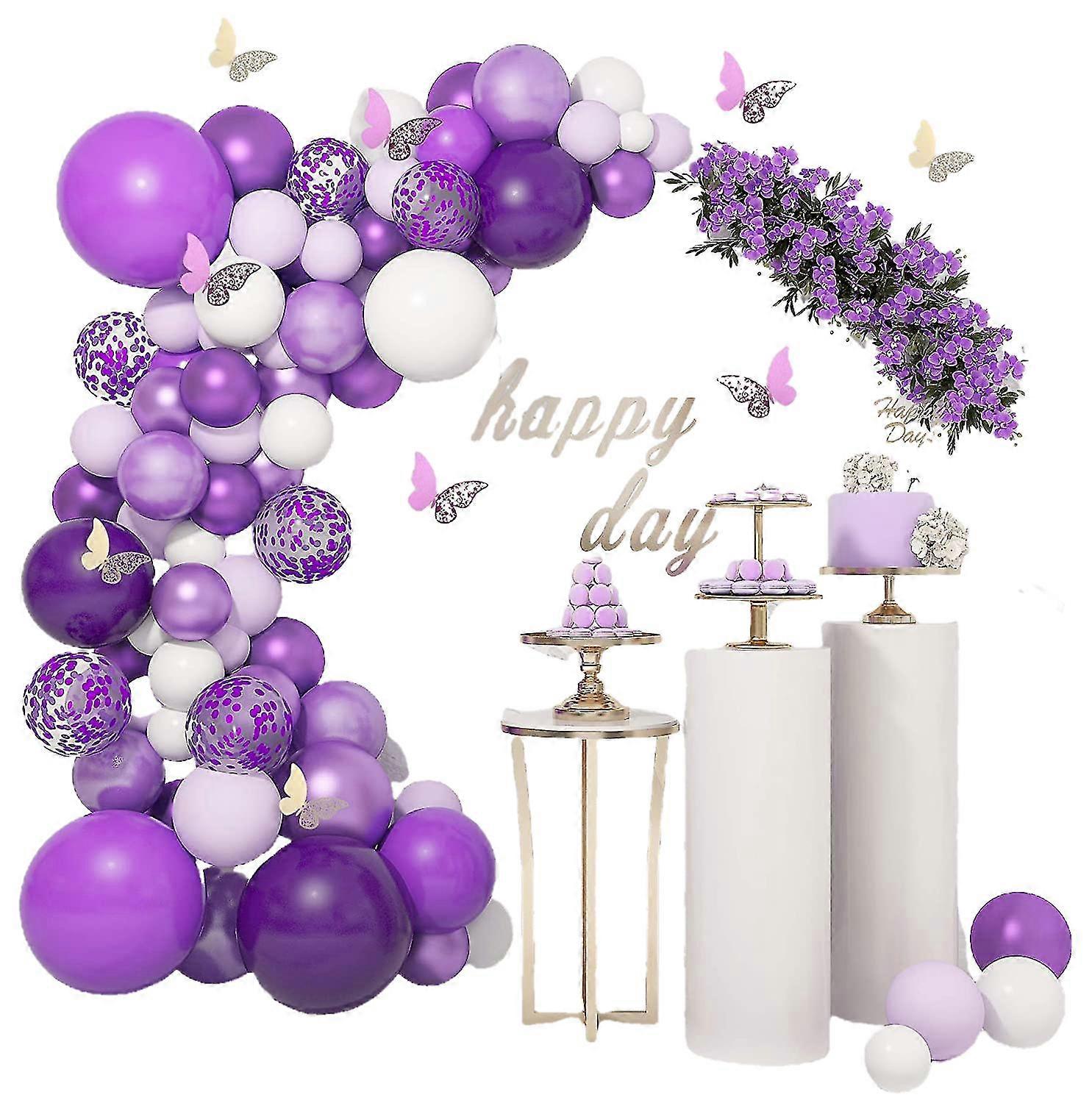 124 PCsパープルバルーンガーランドアーチキットホワイトパープル紙吹雪金属風船紙バタフライ
