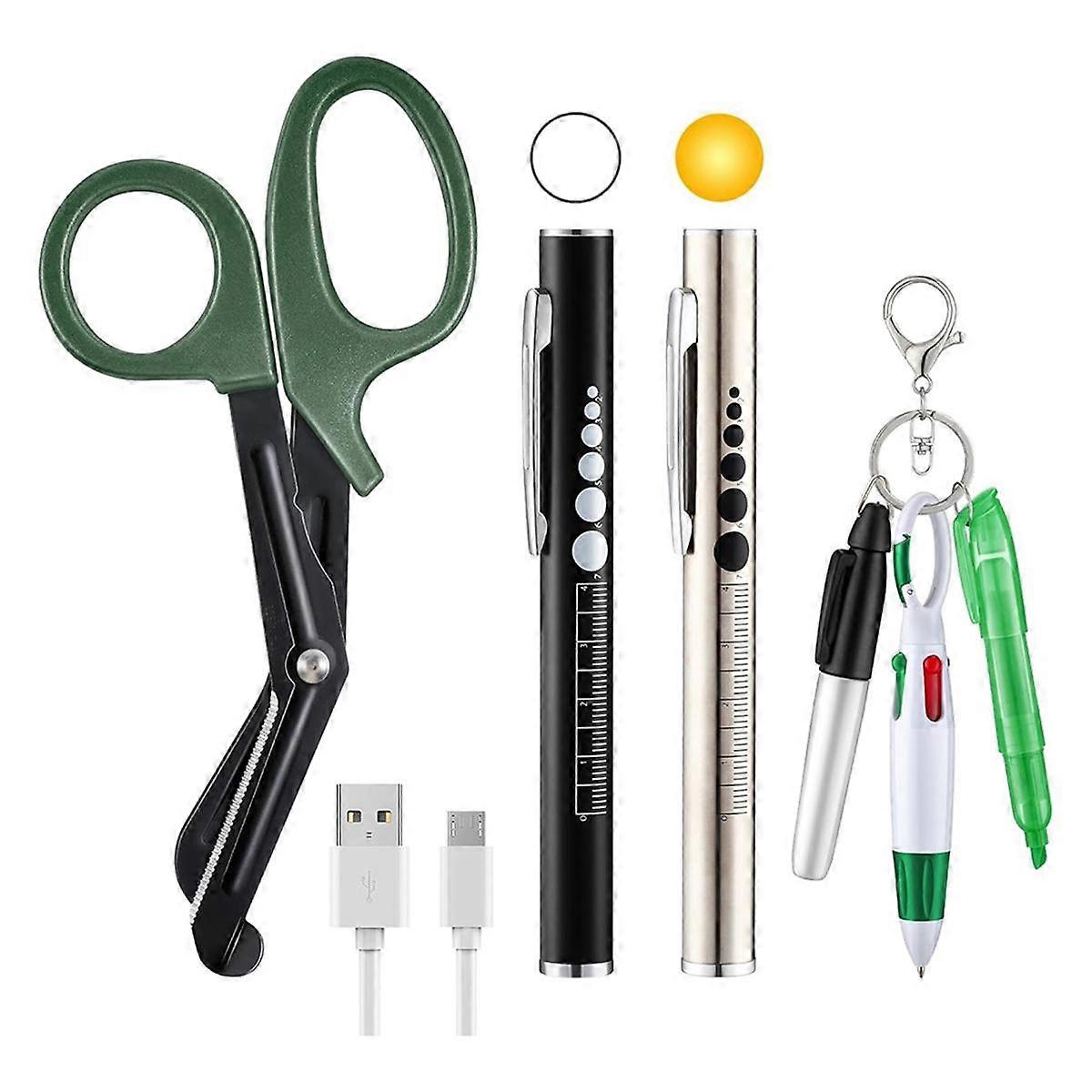 Nurse Tool Set,Rechargeable Pen Light with Two Led Light Sources and Pupillometer,6 Inch with Scissors and Highlighter