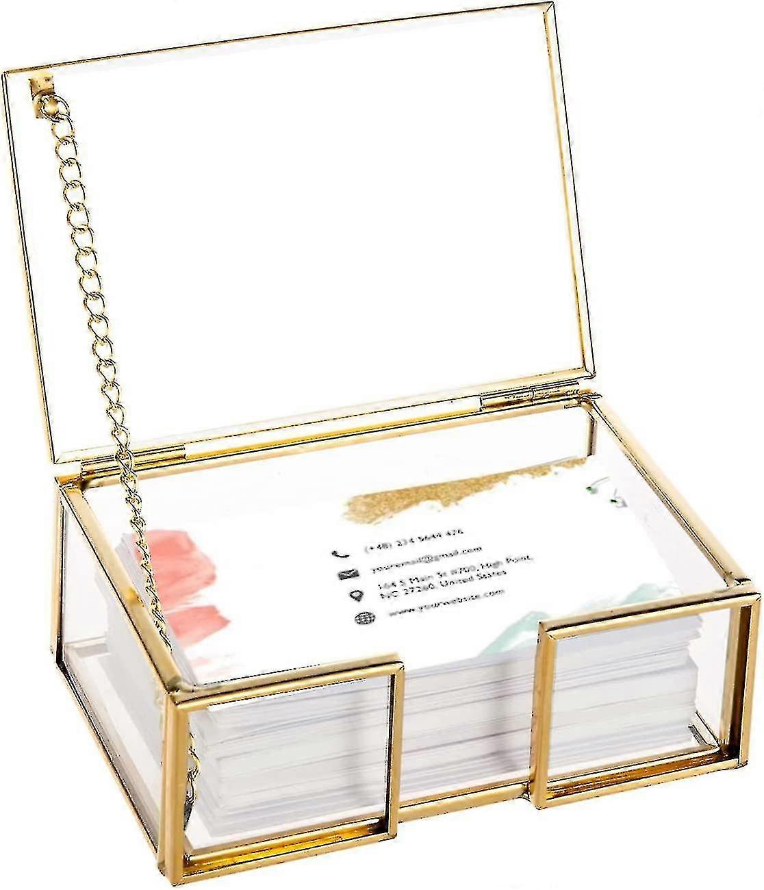 Clear Gold Glass Business Card Box With Lid Name Card Display Business Card Organizer Container Collection Cards Box Storage For Office Deskto