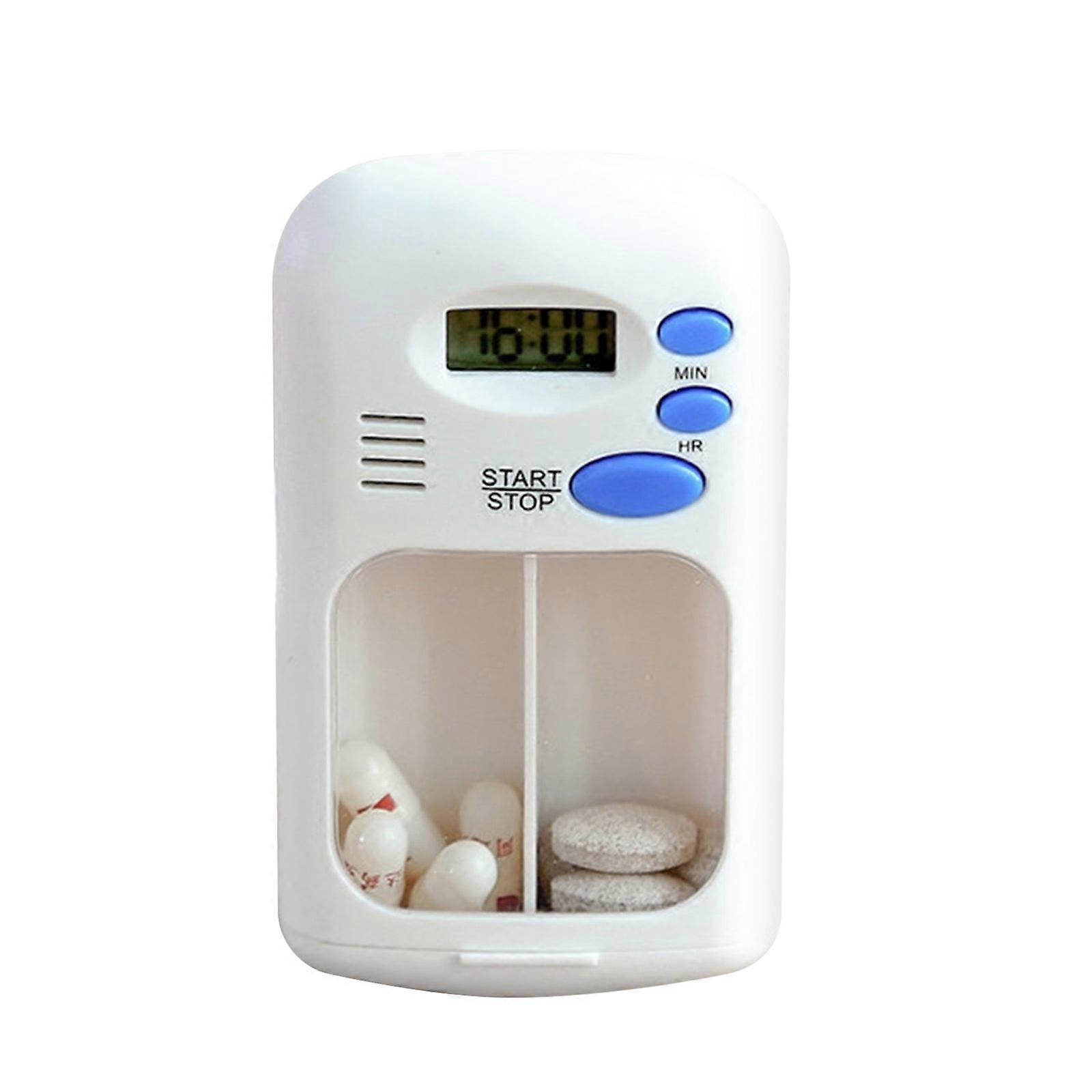 Portable Mini Pill Box Timer with LCD Digital Electric Alarm Medicine Pill Case 2 Grids White Color Two Drawers Divided Plus Memory Fits Large Pills f