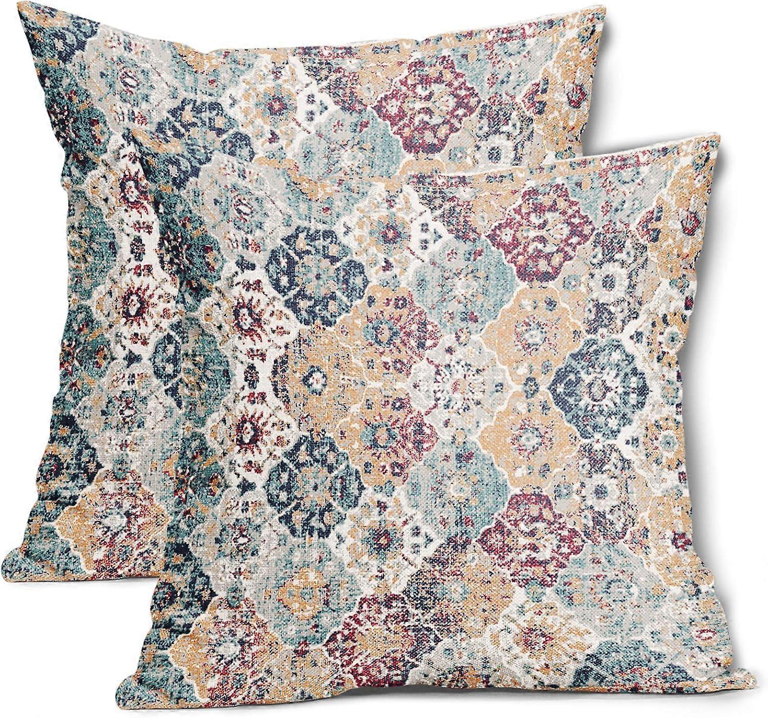 Teal Red Orange Blue Ethnic Boho Pillow Covers 20X20 Inch Bohemian Carpet Vintage Couch Pillow Cases Rust Coral Throw Pillows Set of 2 Home Decor for