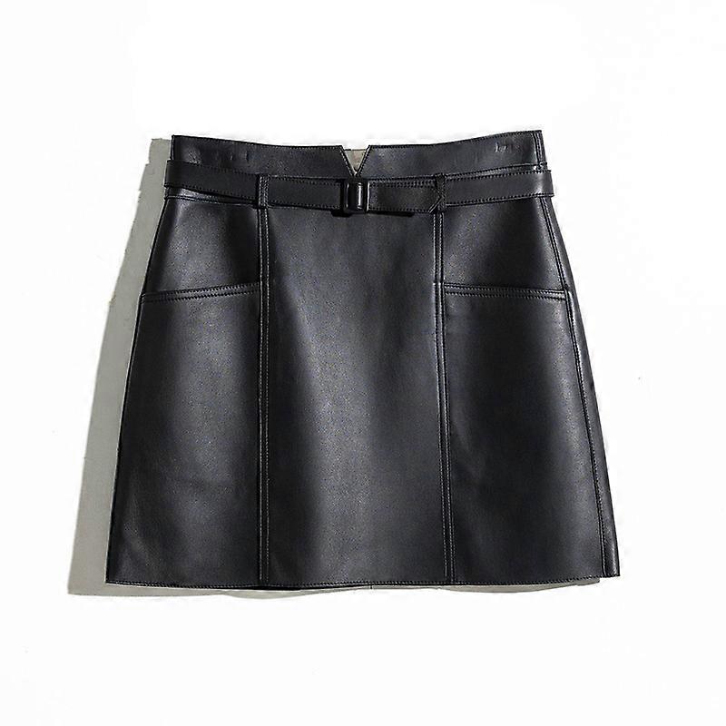 Autumn Winter Versatile Simple Commuter with Belt A-Line Skirt Women Genuine Leather Sheepskin Mini Dress