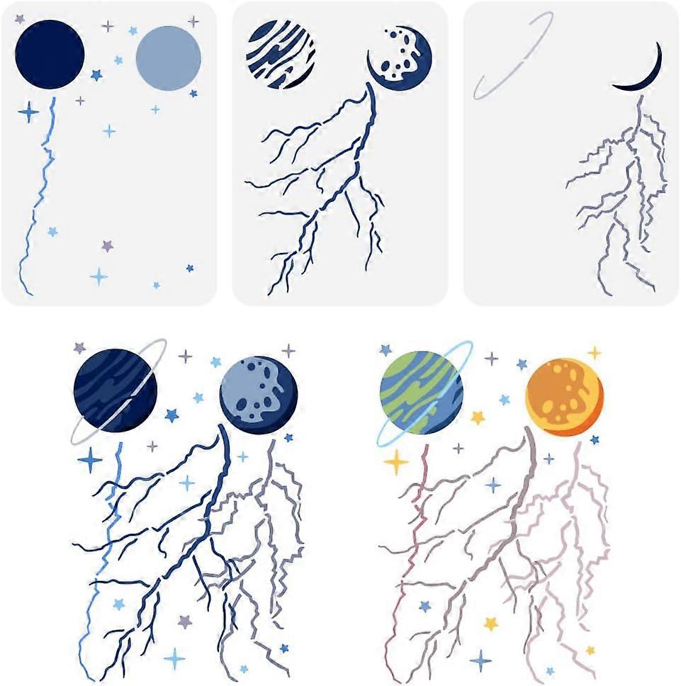 3PCS Layered Planet Lightning Stencils for Painting 8.3x11.7inch Large Lightning Pattern Template Hollowed Planet Stars Painting Stencil Nature Theme 