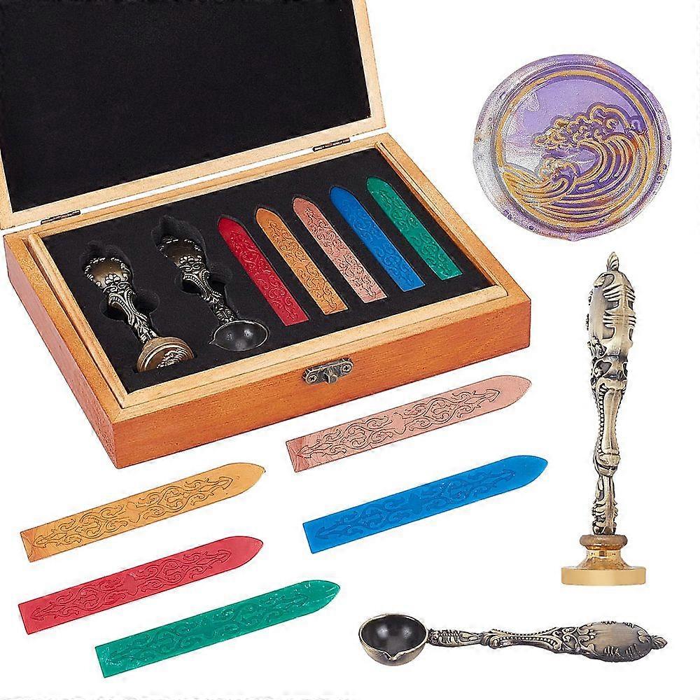 1Box DIY Scrapbook Alloy Spoon with Wax Seal Handle Brass Stamp Wood Box and Wax Sets Mixed Color 9.1x1.15x1.2cm