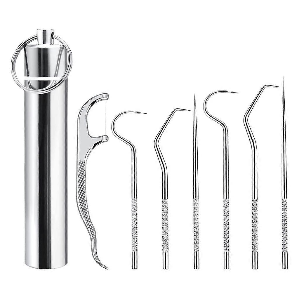 7Pcs Ensemble de poches de cure-dents en acier inoxydable avec distributeur de support, kit de nettoyage des dents