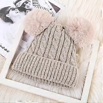 New Warm Knitted Women's Hat Striped Winter Hats For Men Double Fur Pompom Wool Beanies Thick Skullies Cap faux Pompom Hat Femme #2