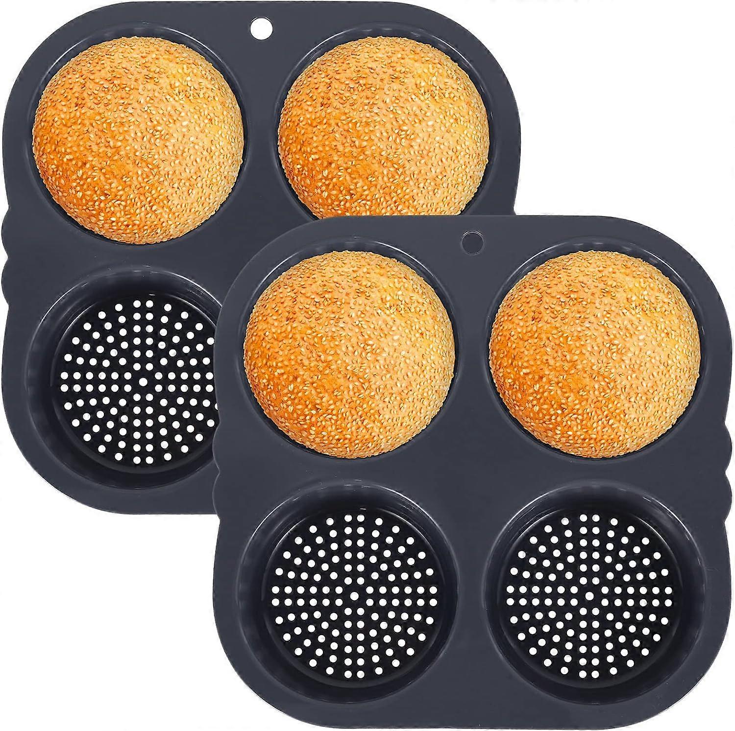 Aktionsverkauf 2Pcs Silikon Hamburger Brötchenform 4 Hohlräume Antihaft-Eier-Muffin-Backform Flexible wiederverwendbare Burger-Brotblech Einfach zu